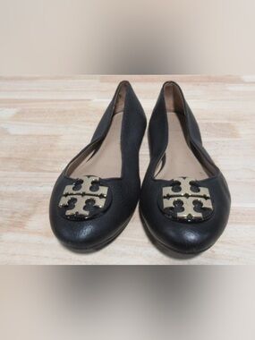 Tory Burch Black Leather Logo Ballet Flats with Gold Emblem